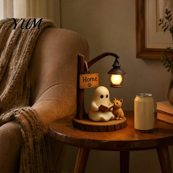 Mini Ghost Statue Halloween Reading Figurine, LED Light-up Street Light Resin with Statue, Cat Desktop Decoration for Holiday Party Book