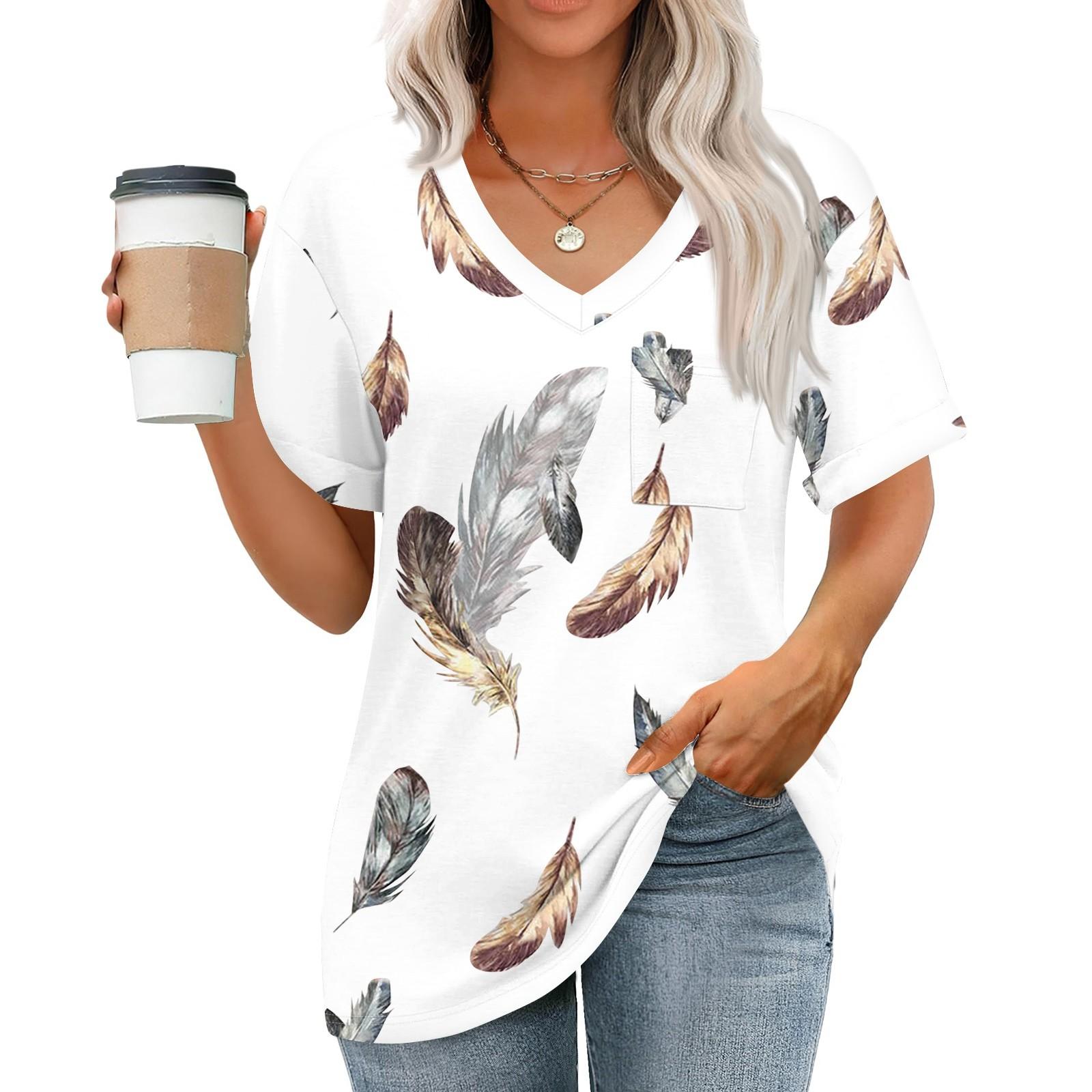 

Жіночі топи з V-подібним вирізом і короткими рукавами, повсякденні модні туніки з принтом і кишенями M білий