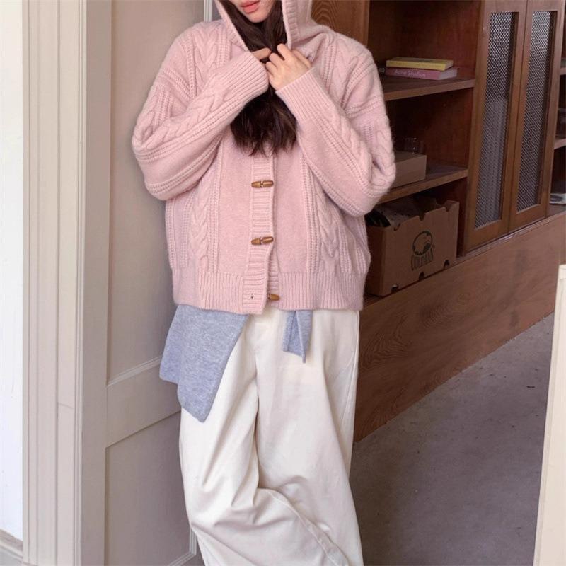 Soft Waxy Loose Hooded Horn Buckle Sweater Women's New Autumn and Winter Small Knitted Cardigan Jacket