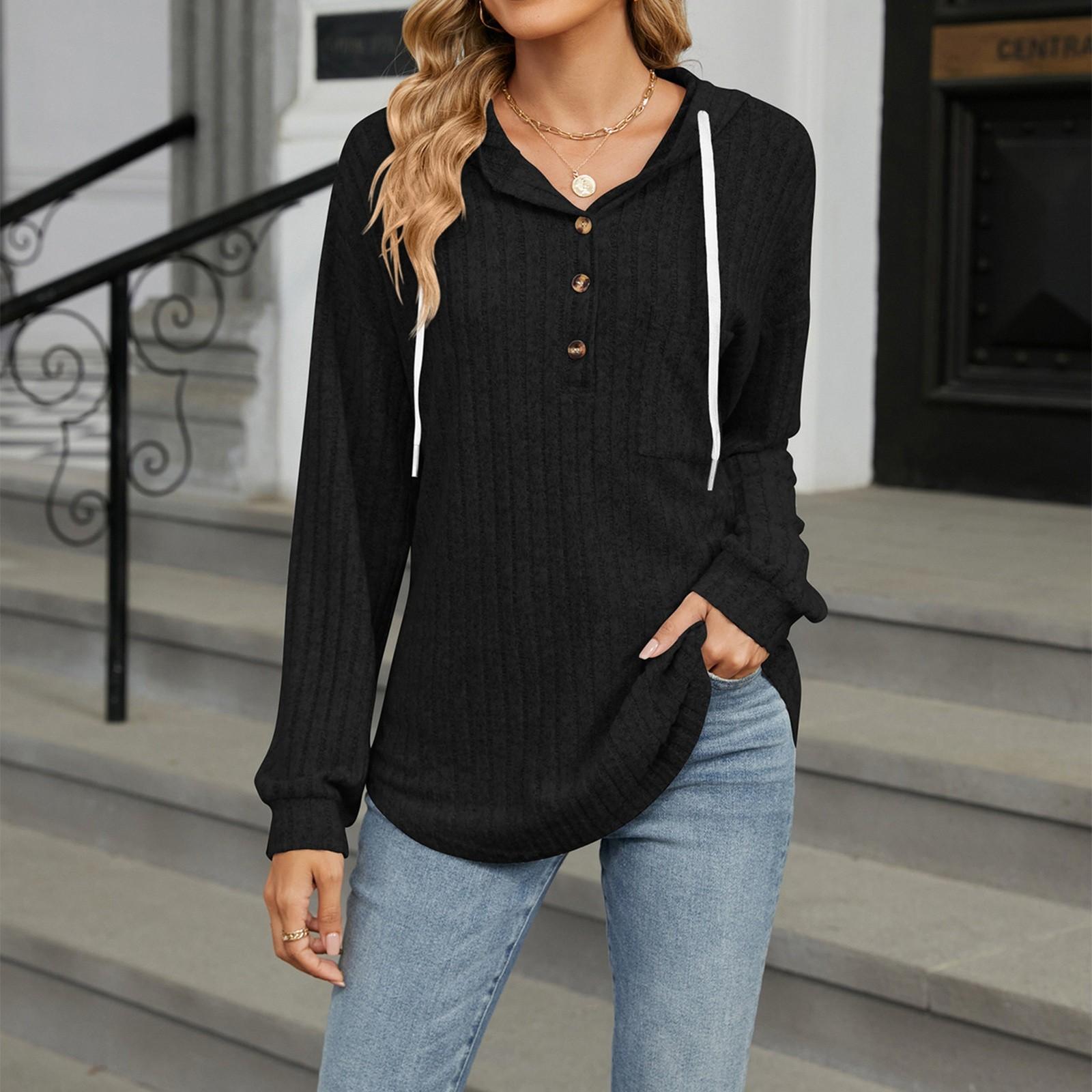 

Женская мода однотонный пуговицах капюшон карман свободный длинный рукав топ XXL чёрный