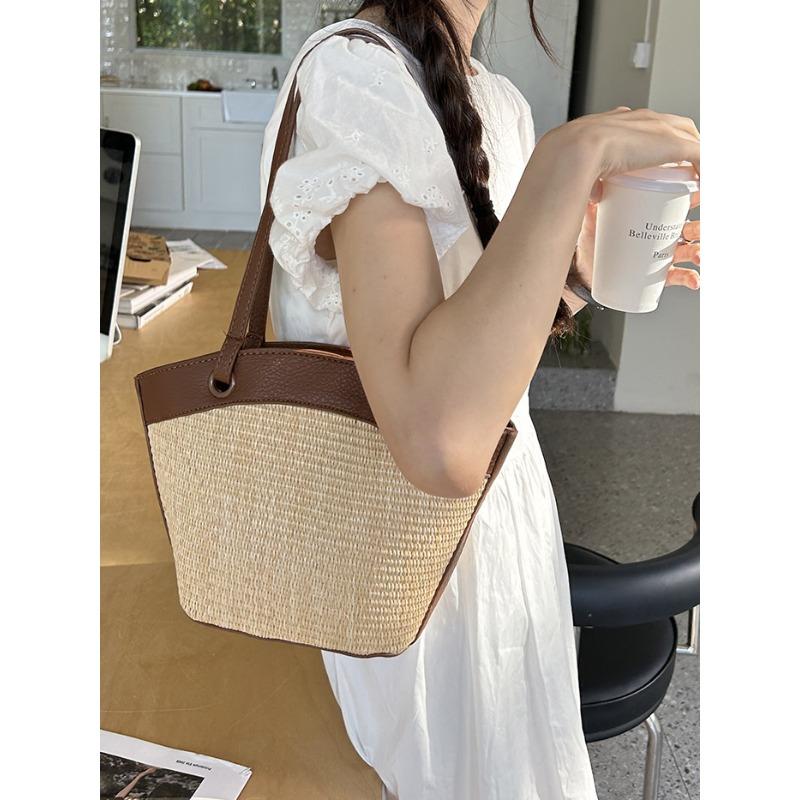 Straw bag women's vacation beach casual versatile retro vegetable basket shoulder bag fashion woven bag