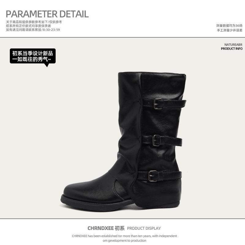 Cowhide version~ Wasteland wind belt buckle trouser tube boots women's autumn and winter retro thick-soled western cowboy boots pleated medium boots
