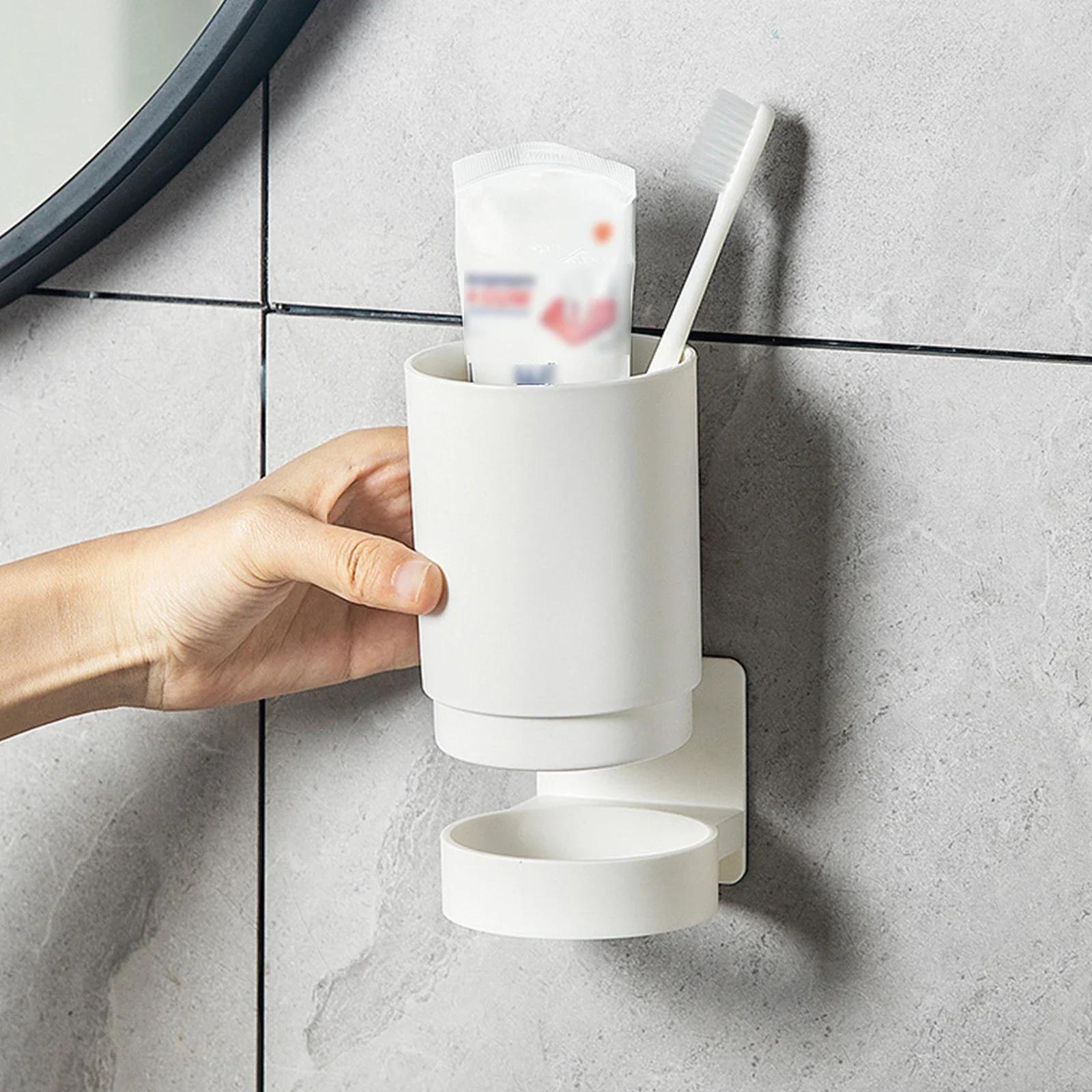 

Practical White Wall-mounted Traceless Cup Shelf Toothbrush Mouthwash Cup Holder Household Storage Rack Bathroom Accessories