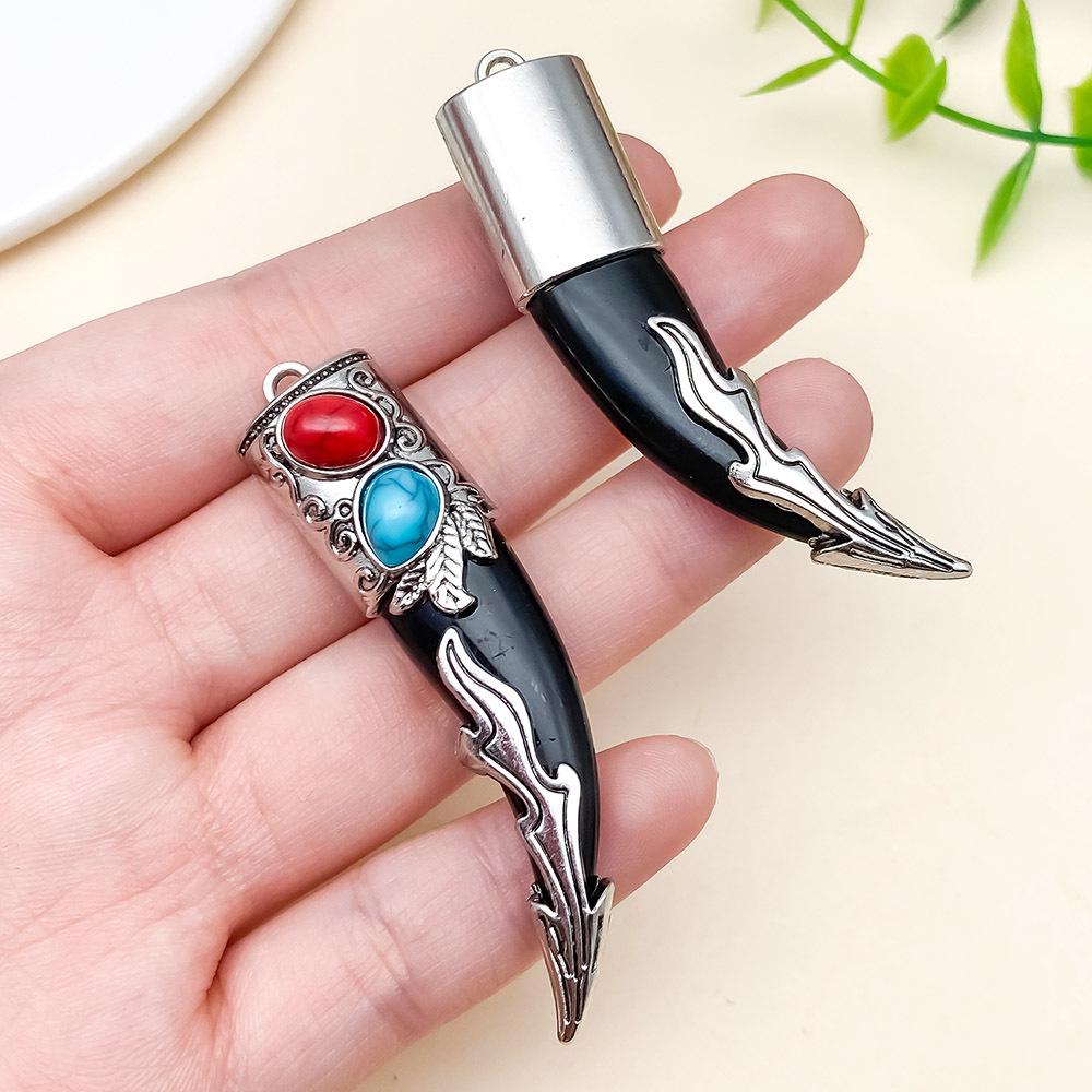 Retro Ethnic Wolf Tooth Pendant Earrings & Necklace with Tibetan Silver Resin Inlay