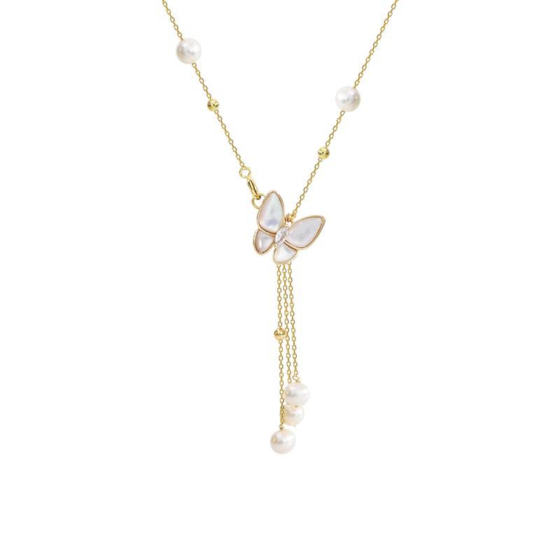 Titanium Steel Butterfly Tassel Necklace with Freshwater Pearls and Mother-of-Pearl for Women