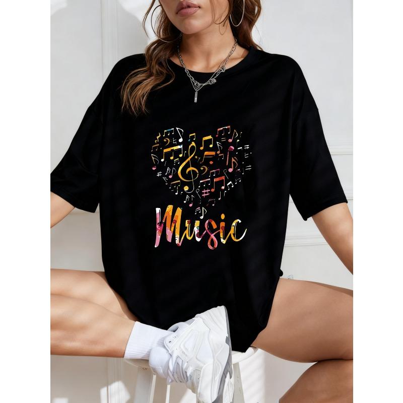 White Oversized T Shirt With Music Notes And Colorful Music Text For Casual Wear
