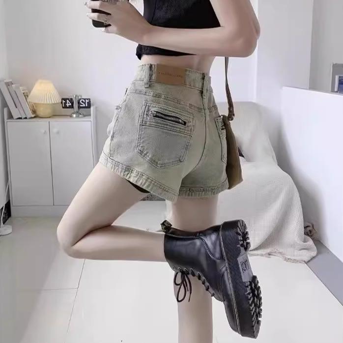 American Spicy Girl Women's High-Waist Denim Shorts, Summer 2024 - Slimming A-line Hot Pants, Washed Finish