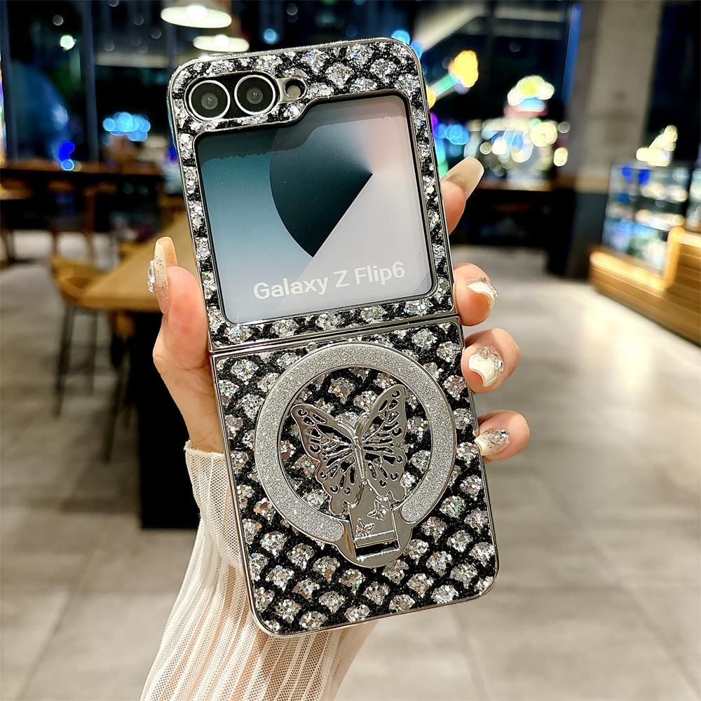 Electroplated Magnetic Leather Phone Case for Samsung Z Flip 6 5 4 3 Flip6 Flip5 Flip4 Flip3 Butterfly Bracket Protective Cover