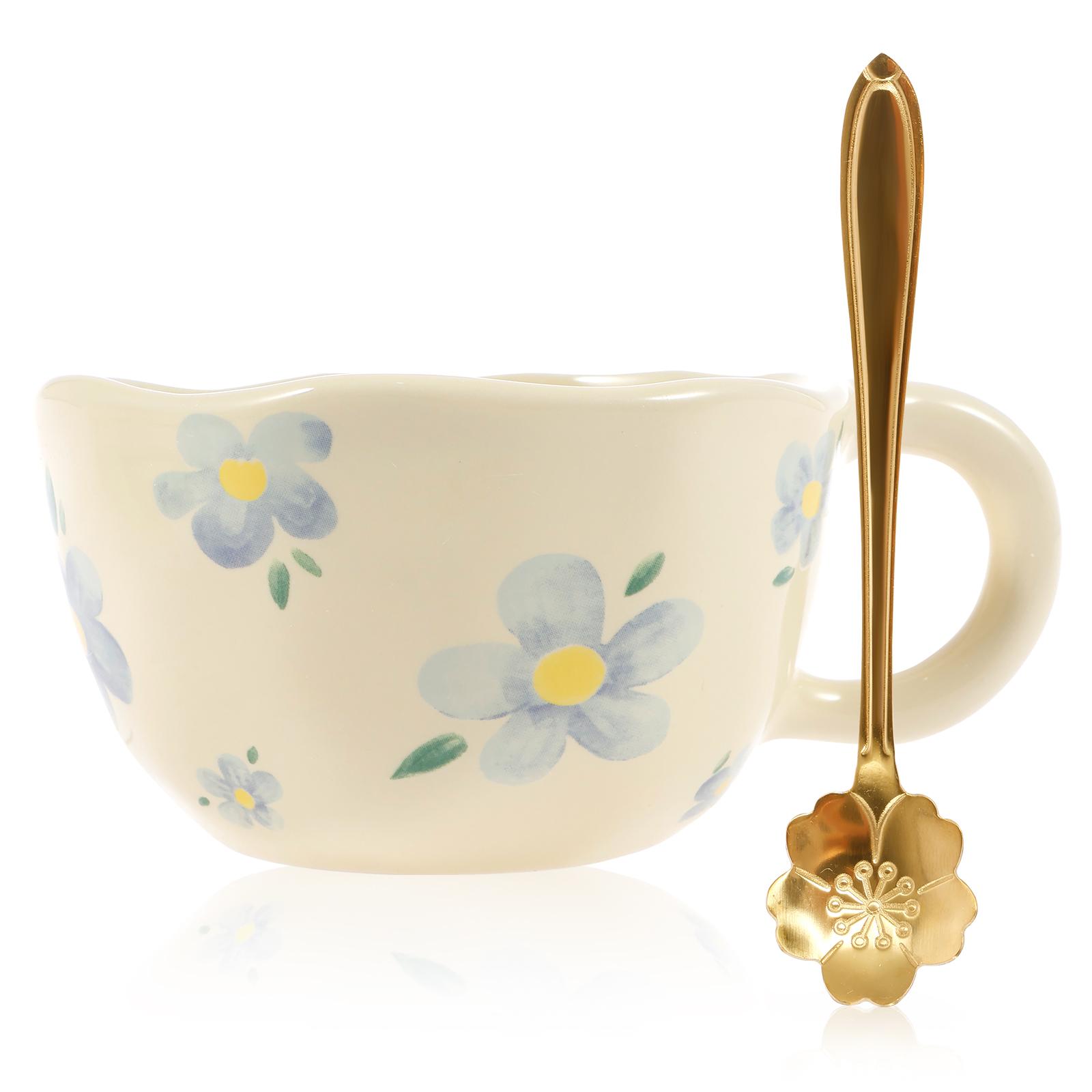 

300 ML Ceramic Mugs Creative Coffee Mug Hand Pinched Irregular Flower Milk Tea Cup Cute Tea Porcelain Cups with Spoon for Office 300ml синий