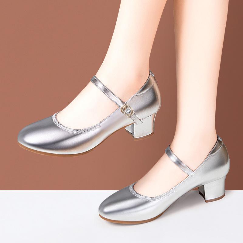 3.5cm 5.5cm Breathable Comfortable Shallow Soft Leather Shoes Mary Janes 2025 Spring Med Block Heels Shoes for Dance Office Mom