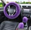 3Pcs/set Solid Soft Warm Long Wool Fuzzy Steering Wheel Cover Woolen Handbrake Car Accessory Sheep Fur Plush Protector Cover Kit