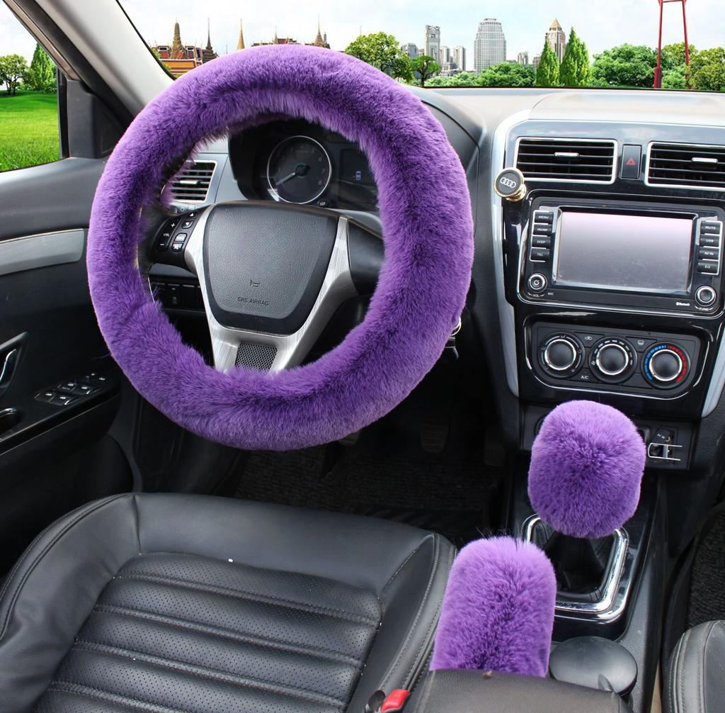 3Pcs/set Solid Soft Warm Long Wool Fuzzy Steering Wheel Cover Woolen Handbrake Car Accessory Sheep Fur Plush Protector Cover Kit
