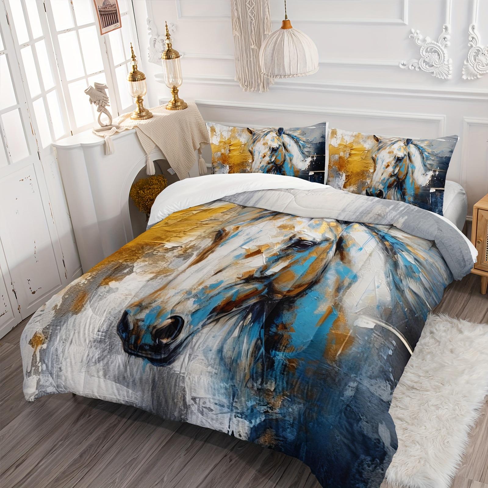 

Canvas Graffiti Art Bedding Set, 100% Soft Ultra-fine Fiber Duvet Cover Set Four Season White Horse Comforter Cover Set (135x200cm)