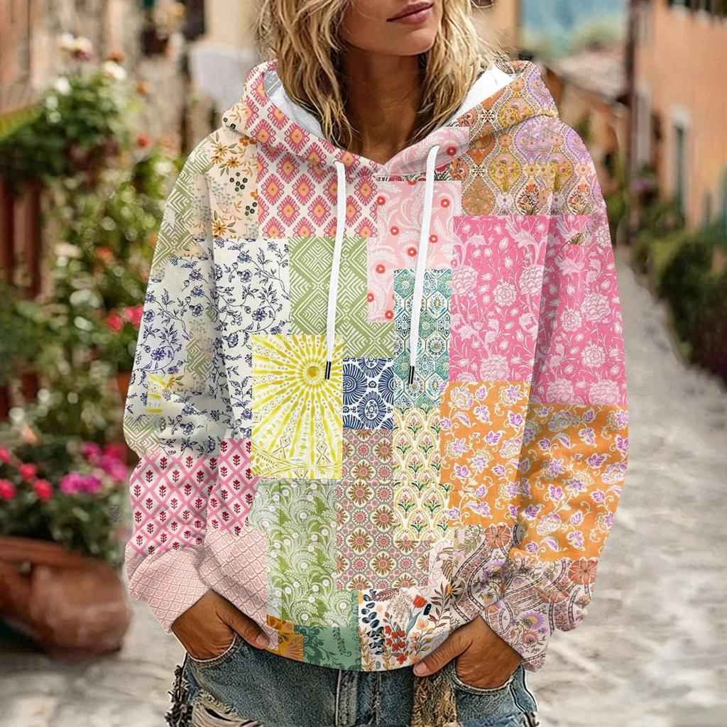 Damen Hoodie mit Blumenmuster, langen Ärmeln und Taschen für Freizeitkleidung