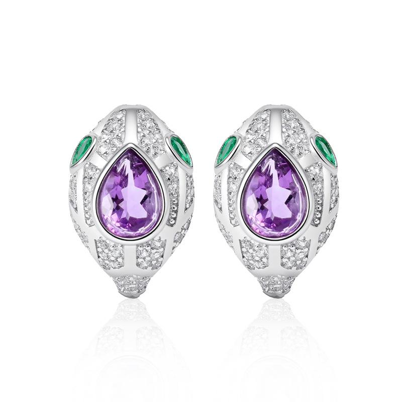 S925 Silver Snake Earrings with Natural Crystal/Topaz/Peridot/Garnet, Luxury Jewelry for Women