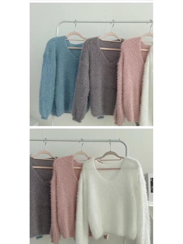 V-Ausschnitt Einfarbig Damen Strickpullover - Imitation Nerz Samt, Lockere Passform für Herbst & Winter