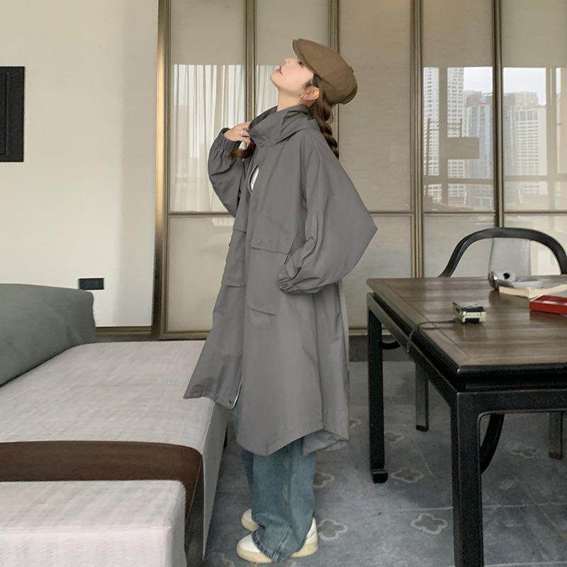 For Women Korean Style Mid-length Loose Large Size Windbreaker Work Coat For Women Large Pocket Hooded Windbreaker