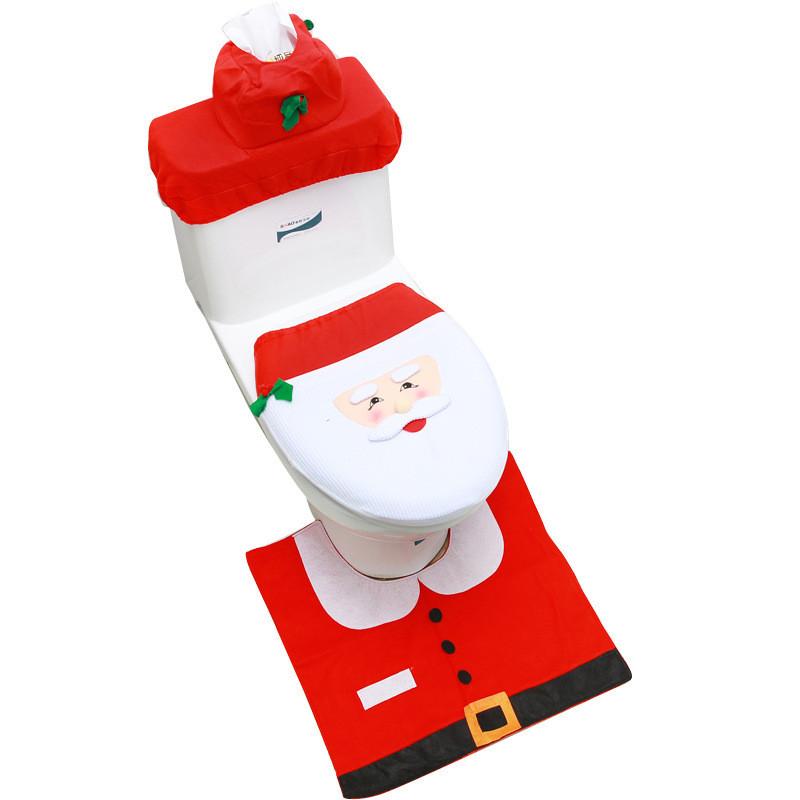 Christmas Themed Santa Claus Snowman Pattern Toilet Cover Three Piece Set For Holiday Bathroom Decor