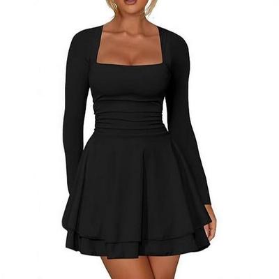 Vestido de Invierno Europeo y Americano para Mujer, Ajustado, Cuello Cuadrado, Manga Larga - Estilo Chica Picante de Alta Gama, Falda Corta
