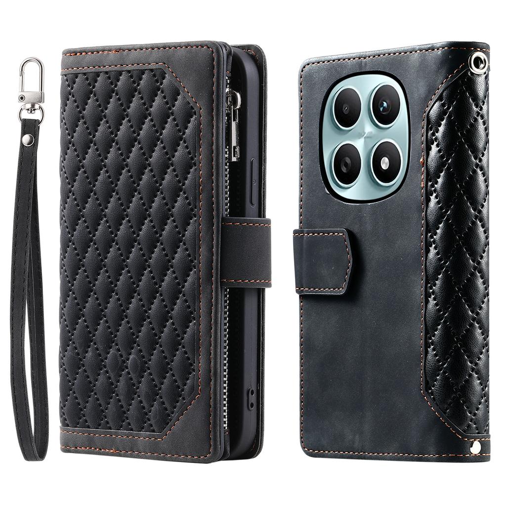 Dla Xiaomi Redmi Note 15 4G (Światowy) Etui portfelowe z rombowym szwem, skórzane PU, pokrowiec na telefon z paskiem na nadgarstek