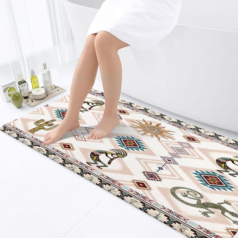 Kokopelli Bath Mat, Southwestern Native Non Slip Bath Mat America Ethnic Tribal VintageBathroom Mats and Rugs Geometric Retro Abstract Memory Foam