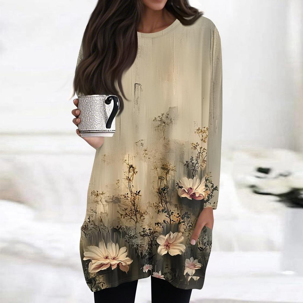 Womens Tops Round Neck Long Sleeve Blouses Casual Mid-length Shirts Fashion Print Tunic Tops With Pockets