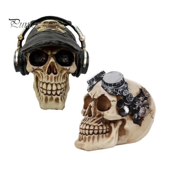 Durable Synthetic Resin Ornaments Hip-hop Headphone/Steampunk Skull Figurine, Skeleton Statue, Vintage Steampunk Style Statue Ornament for Haunted