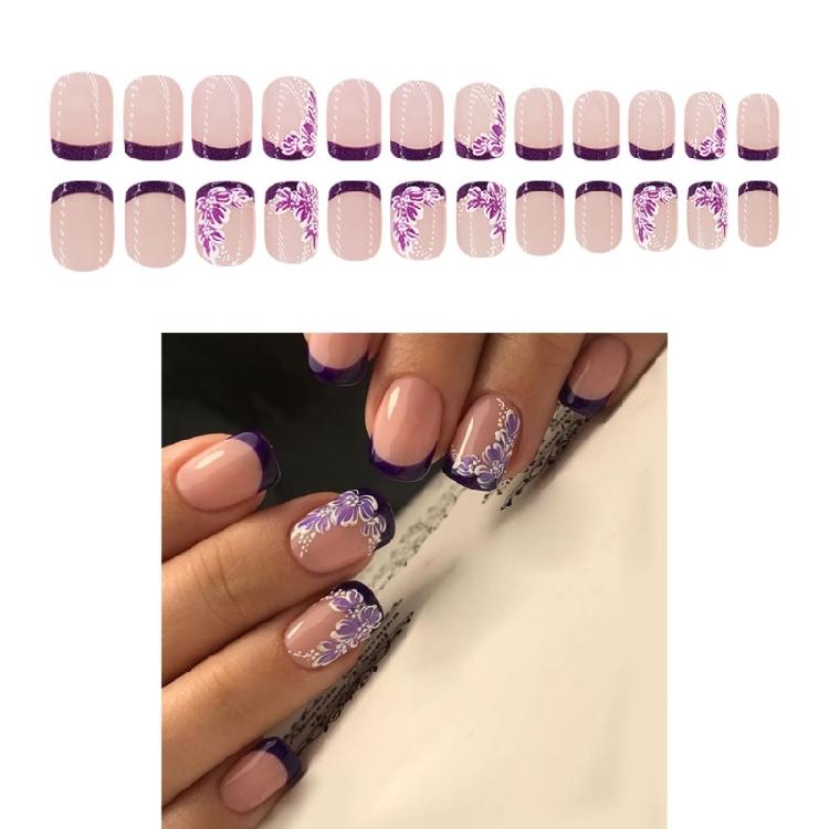 24 Pcs Short Square Acrylic Nail Flowers Full Cover Stick On Nail French Tip Press On Nail Simple False Nail