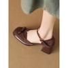 Sanded leather bow chunky heels with super high heel one-line sandals with bun toe for women brown all-in-one leather shoes