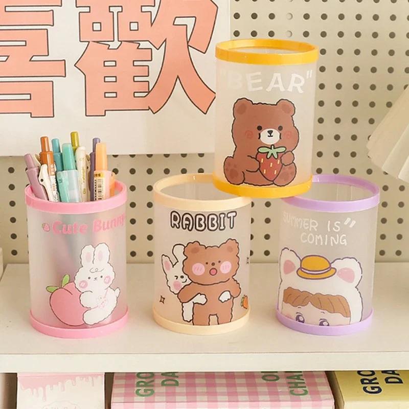 Kawaii Cartoon Pen Holder Desktop Organizer INS Transparent Pencil Case Cosmetics Brush Storage Box Home Decoration Accessories