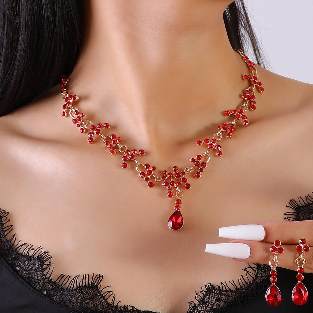 3 pieces of women's fashion trend claw chain series red water drop earrings with necklace Zircon set, banquet and party accesso