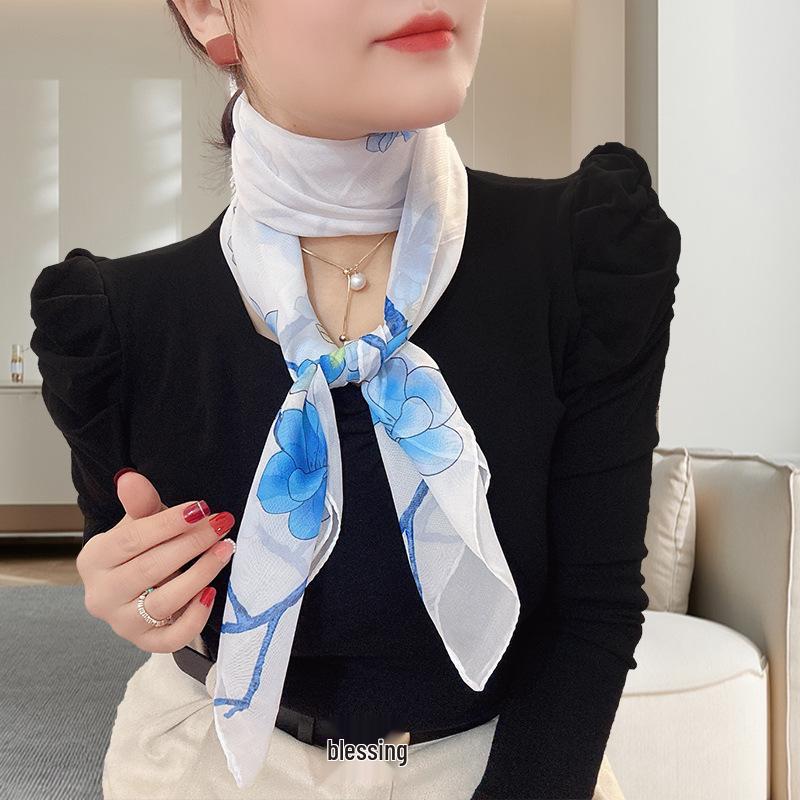 Large 95cm Square Korean Silk Chiffon Scarf for Women - Printed Neck or Head Scarf