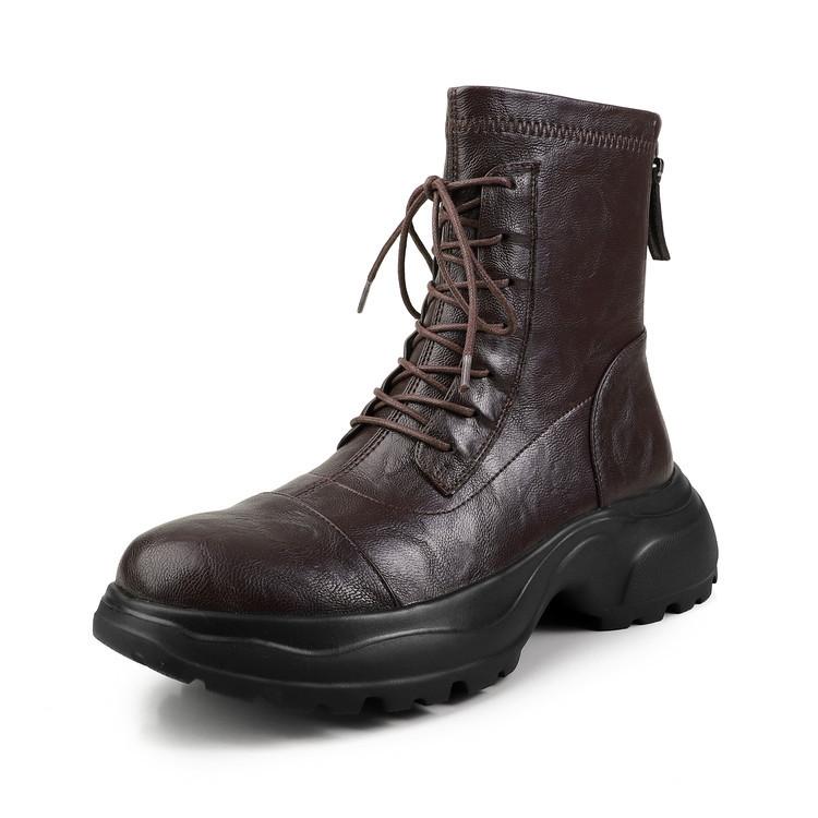 Round Head Thick-soled Thick-heeled Martin Boots Women's 2025 New Autumn and Winter Velvet Soft Leather Muffin Bottom Rear Zipper Elastic Short Boots