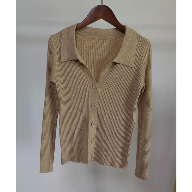 Women Lapel Slim Thin Jacket Buckle Sexy V-neck Long-sleeved POLO Collar Knitted Cardigan Sweater