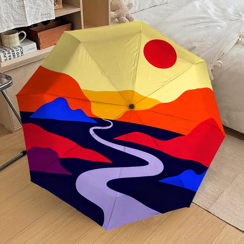 

1pc Sunset Landscape Automatic Folding Umbrella, Heavy Duty 8 Rib Iron Frame, Suitable for Travel, Daily Use, Birthday, Decor Gift 01
