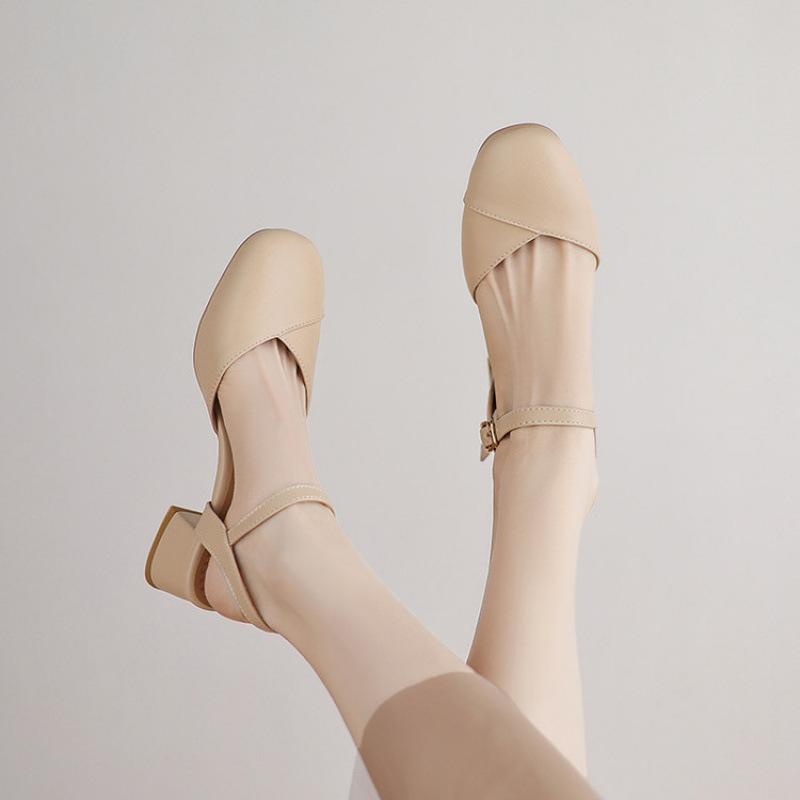 Summer women's bag head sandals casual women's high-heeled sandals solid color beef tendon soft sole new large size women's shoes square head