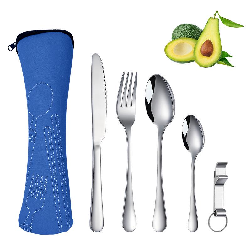 Stainless Steel Travel Cutlery Set: Knife, Fork, Spoon, Bottle Opener with Portable Storage Bag for Outdoor Camping