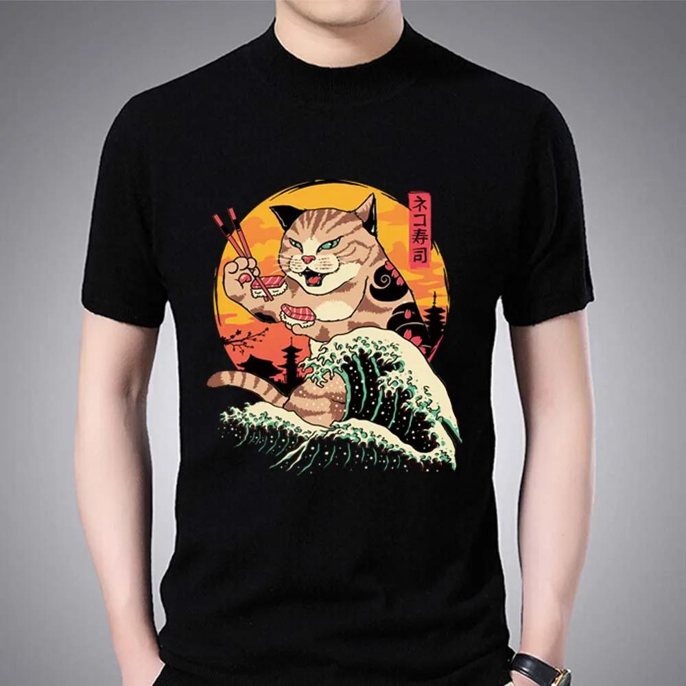 Men's T-shirt Basic Print Short Sleeve Anime Top Japanese Genki Cat Series Casual O-neck Youth Men's Commuter Comfortable Shirt
