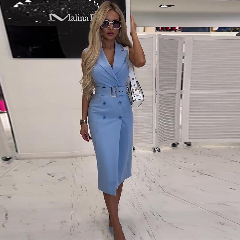 2024 Elegant Sleeveless Long Dress: European & American Style with Turn-down Collar