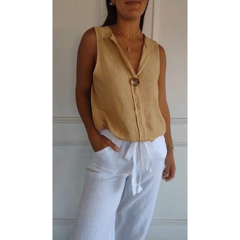 Fashion V-neck Sleeveless Casual Women Summer Shirt Plus Size Female Loose Streetwear Office Simple Blouse Solid Color Tops Women's Clothing