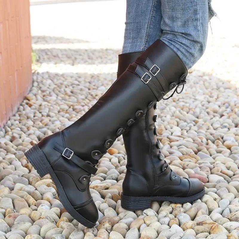 New Style Popular Women Knee High Boots Autumn Winter Lace Up Flat Shoes Sexy Luxury Retro Buckle Women Shoes Ladies Snow Boots