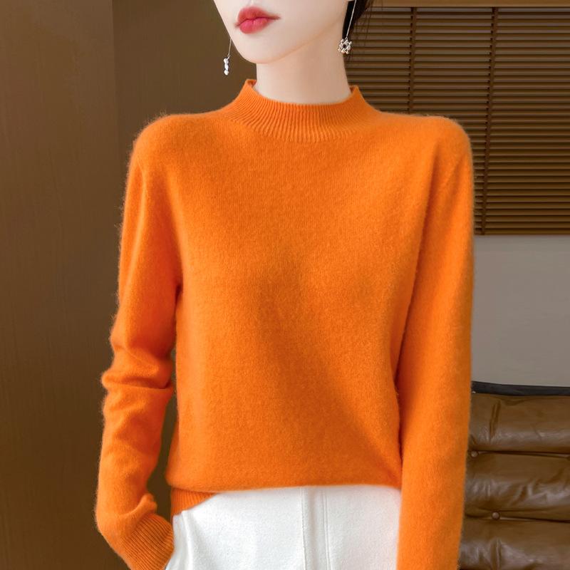 Autumn and Winter Women's Half High Neck Warm Sweater Knitted Pullover Sweater