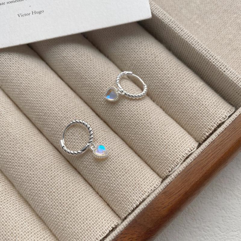 Sterling Silver Moonstone Heart Earrings for Women - Iridescent Peach Heart Studs, Simple Niche Design, Light Luxury Silver Ornaments. Sterling Silver