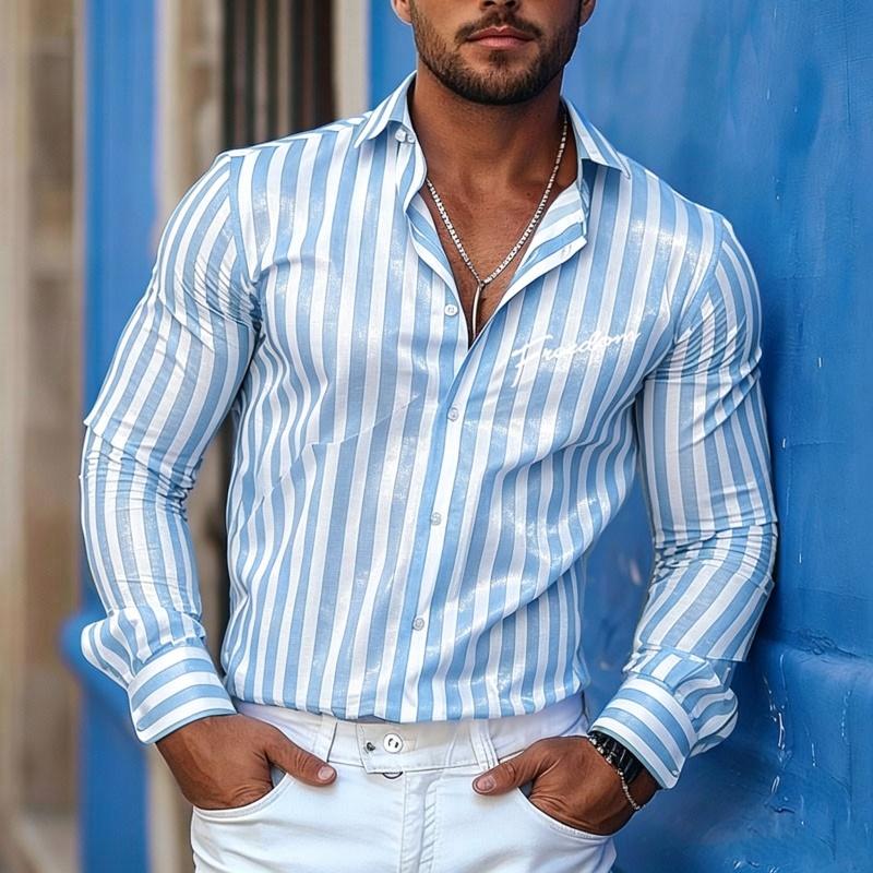 Men's Vertical Striped Long Sleeved Shirt, High-quality Lapel Cardigan, Personalized Letter Printed Casual Men's Top