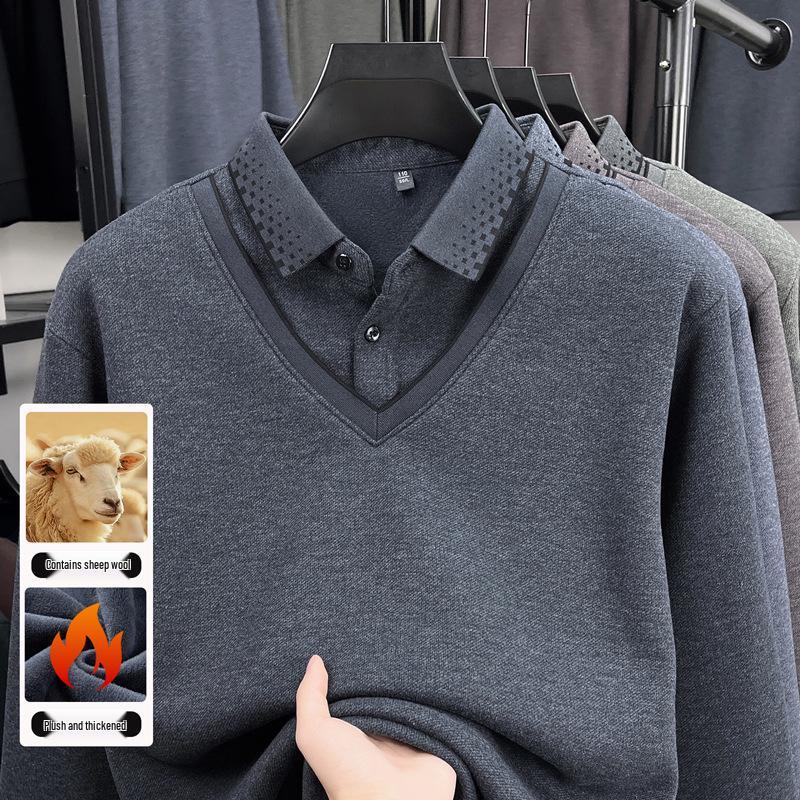 Herren Herbst/Winter Verdickter Samt Wolle Revers Zweiteiliger Lagenpullover für Mittleres und Älteres Alter
