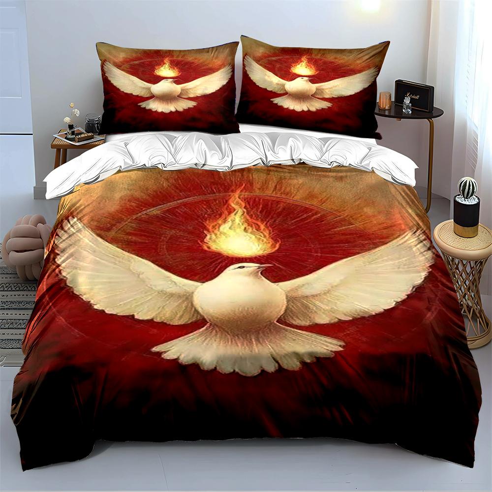 White Dove with Flame on Red Background Bedding set (1 duvet cover, 2 pillowcases, duvet not included)