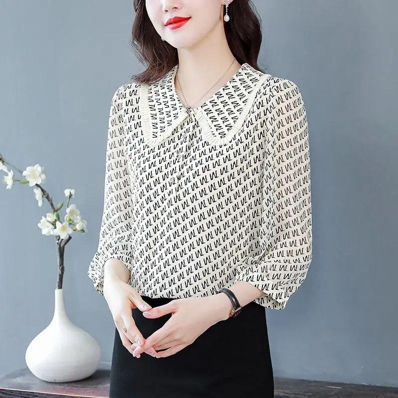 Mom's Fashionable 3/4 Sleeve Blouse Doll Collar Chiffon Shirt Women's Spring Autumn New Bottoming Top M-4XL