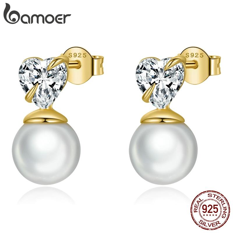

BAMOER Подлинный 925 стерлингового серебра Love Shell Жемчужные серьги для женщин Покрытые золотые серьги Тонкие ювелирные изделия Вечеринка Подарок