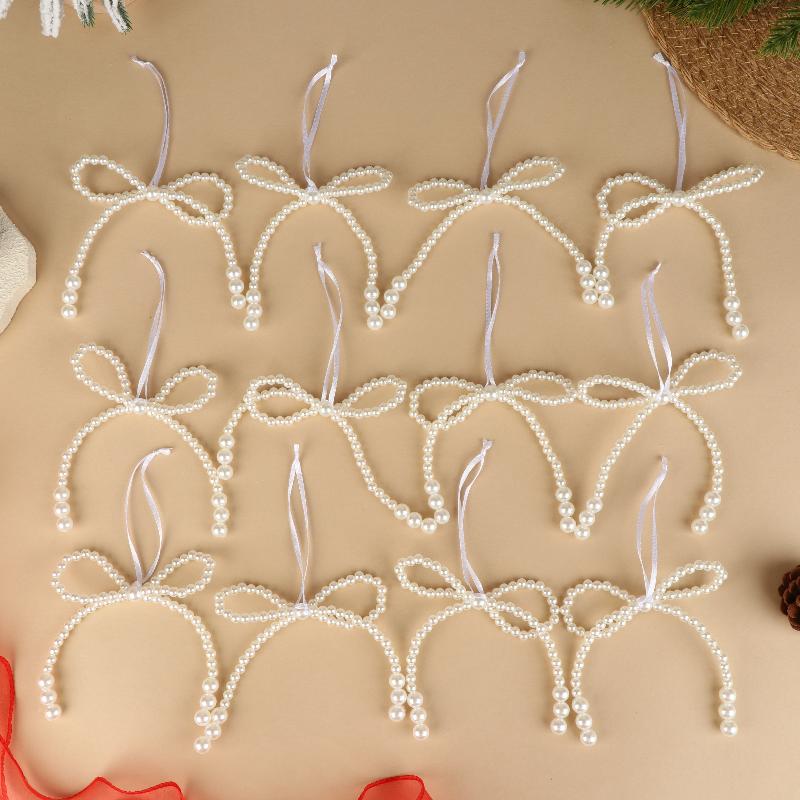 6/12Pcs Hand Woven Imitation Pearl Bow Pendant Christmas Tree Hanging Decoration Xmas Year Holiday Gift