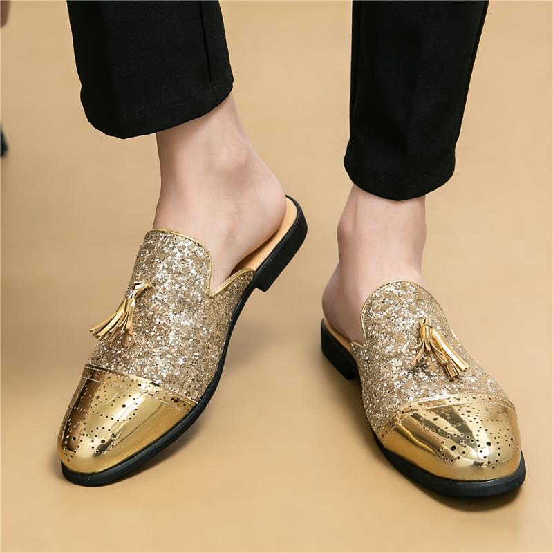 Summer Fashion New Men Gold Black Half Slippers Shoes Male Sequin Tassel Casual Mules Moccasins Breathable Loafer Zapatos Hombre